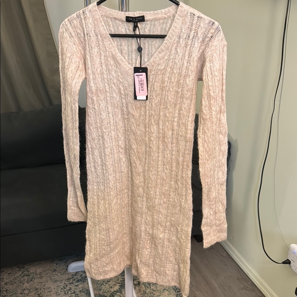 rag & bone cynthia mini long sleeve v-neck sweater dress in oatmeal